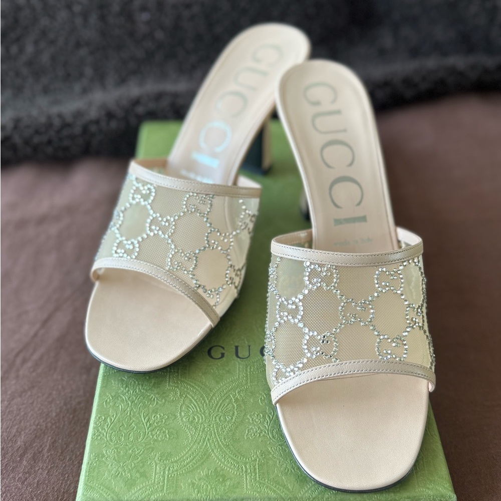 Gucci GG Crystal Embellished Beige Mules - Brand New